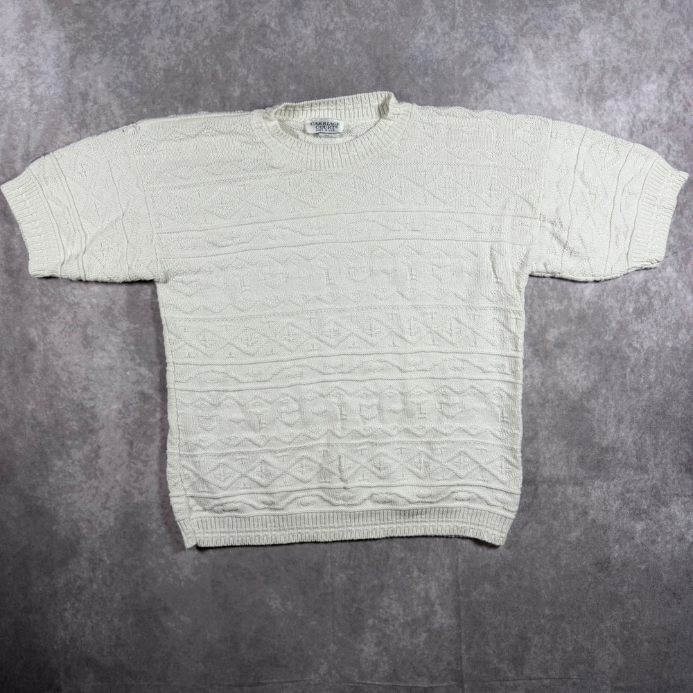 Vintage Carriage Court Cream Cable Knit Short Sleeve Sweater Small Cotton USA